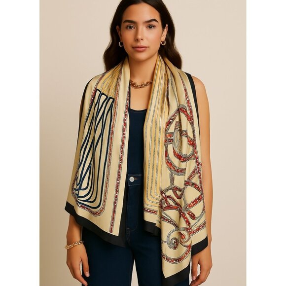 Designer Silk Scarf Beige Gold Red Navy Women’s Equestrian Print Chic Luxury - Picture 10 of 10
